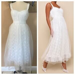 NWOT Lulus Ethereal Impression White Tulle Ruffled Bustier Midi Dress